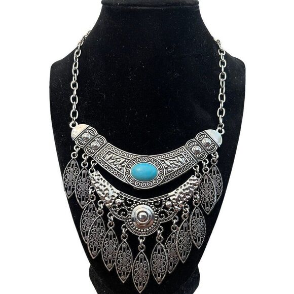 Paparazzi Blue Turquoise Silver Tone Necklace Layered Choker Collar Earrings New - Picture 2 of 4